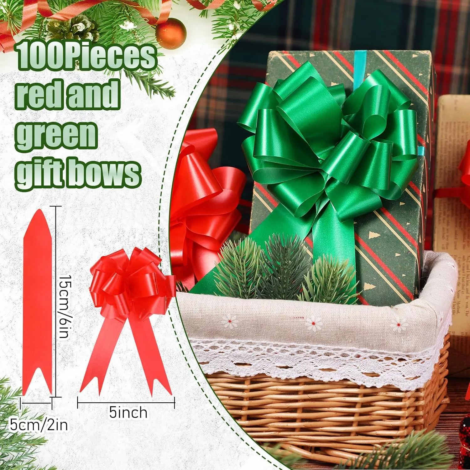 100 Pcs 5 Inch Christmas Pull Bows for Gift Wrapping, Gift Wrapping Pull Bows with Ribbon for Christmas Presents Wedding Decor Basket Bag Holiday Decor(Red, Dark Green)