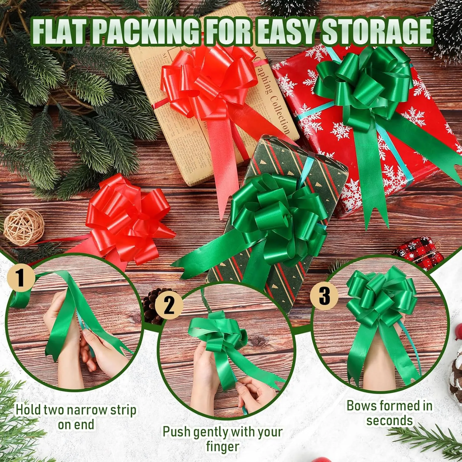 100 Pcs 5 Inch Christmas Pull Bows for Gift Wrapping, Gift Wrapping Pull Bows with Ribbon for Christmas Presents Wedding Decor Basket Bag Holiday Decor(Red, Dark Green)