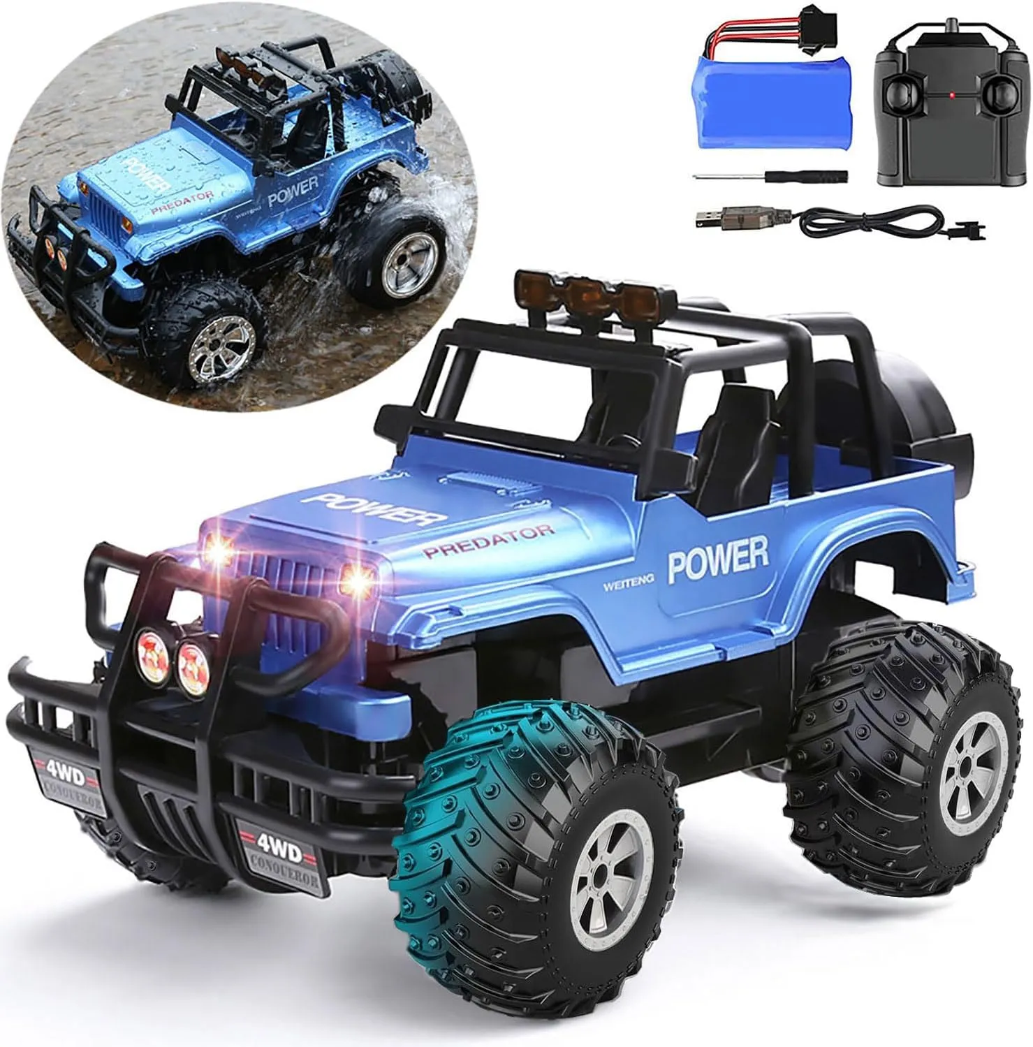 1/16 Remote Control Truck for Kids, 2.4Ghz All Terrain Off-Road Monster Truck with LED Lights for Boys Girls Age 4-7 8-12