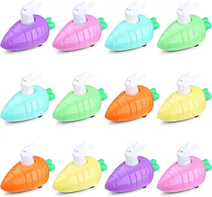 12 Pcs Easter Toys Pull Back Cars Toy Carrot Cars Driven by Rabbit Friction Powered Animal Cars Vehicles Plastic Go Back and Forth Car Toys for Easter Basket Filler Party Favors Gifts, 6 Colors