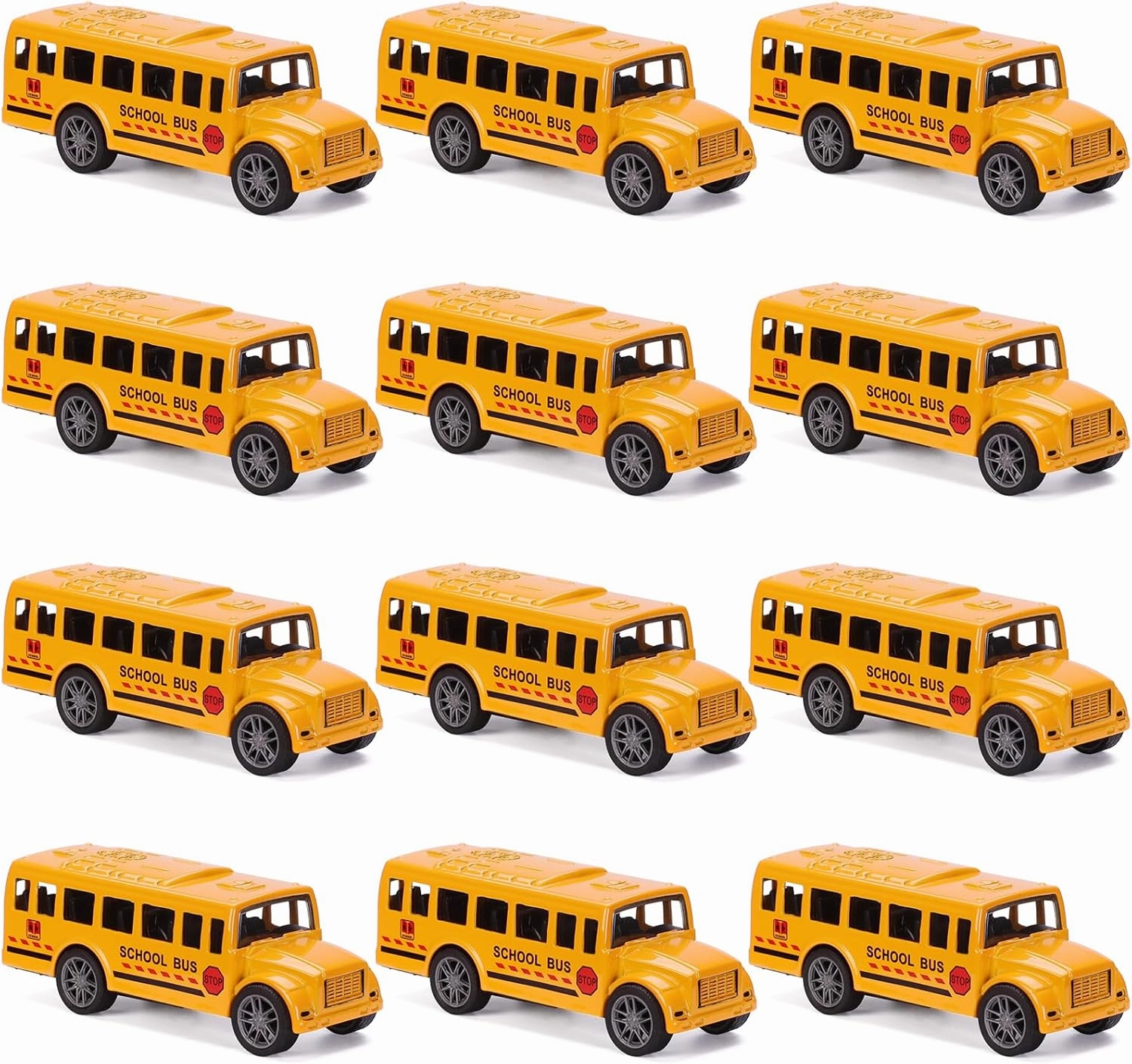 12 Pack Pull Back Bright Yellow School Bus Toys, 3.2" Die-cast Metal Friction Powered Toy Vehicles for Kids Boys Girls