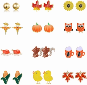 12 Pairs Hypoallergenic Fall Thanksgiving Earrings Set for Women Girls Pumpkin Maple Leaf Turkey Corn Squirrel Sunflower Stud Earrings for Teen Girls Fall Jewelry Autumn Earrings Thanksgiving Gifts