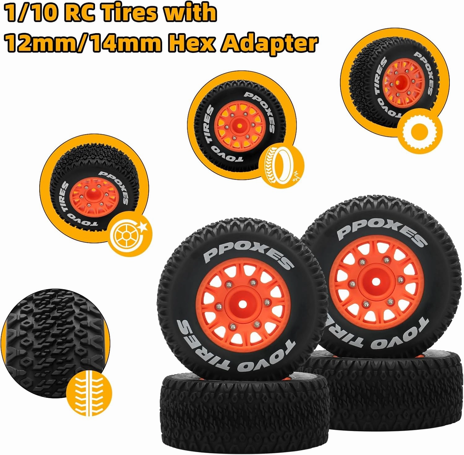 12mm/14mm/17mm Hex RC Wheels and Tires RC Truck Tires 1/10 Scale Tyres Detachable Replacement RC Car Tires for Arrma Senton Tires Slash Tires Axial Redcat Rc4wd Hex Fury (Orange)