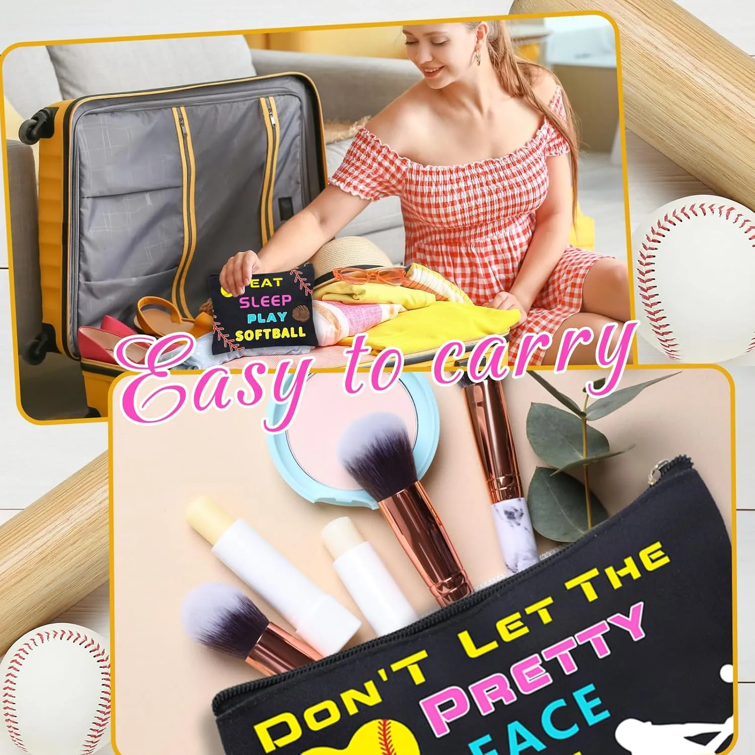 12Pcs Makeup Bag Travel Pouch Canvas Gifts Cosmetic Bag Portable Storage Bag for Women Girls Team Party Favors (Softball)