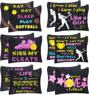 12Pcs Makeup Bag Travel Pouch Canvas Gifts Cosmetic Bag Portable Storage Bag for Women Girls Team Party Favors (Softball)