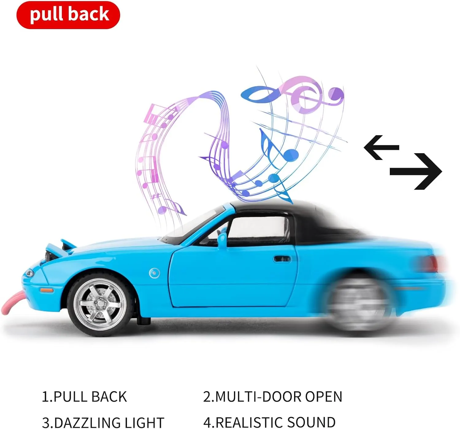 1/32 Mazda Miata MX-5 Alloy Model Car, Toy Car with Pullback, Removable Top, Blinking Lights, Toy Car with Sound and Bright Lights, Collectible Grade Gift for Kids (Blue)