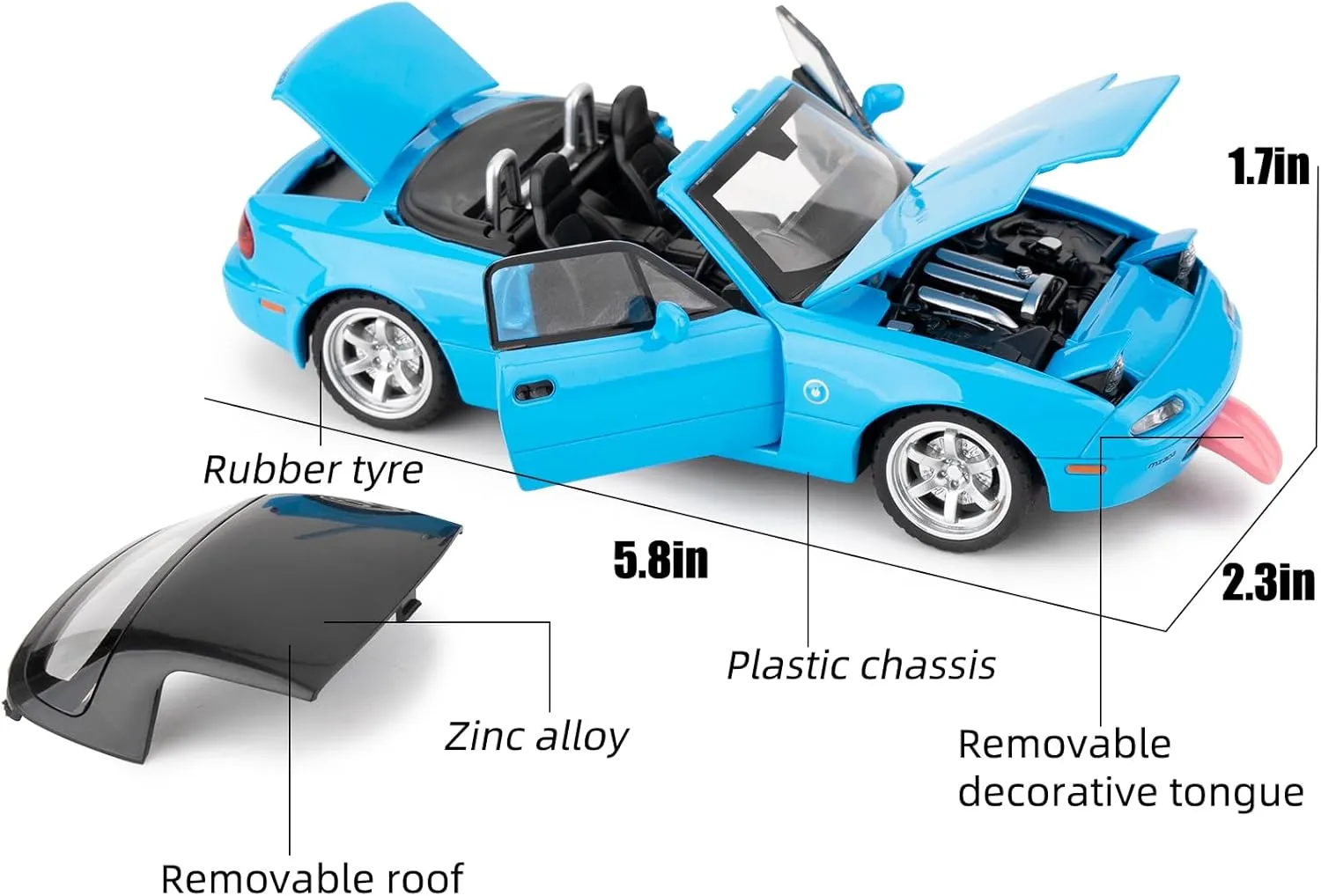 1/32 Mazda Miata MX-5 Alloy Model Car, Toy Car with Pullback, Removable Top, Blinking Lights, Toy Car with Sound and Bright Lights, Collectible Grade Gift for Kids (Blue)