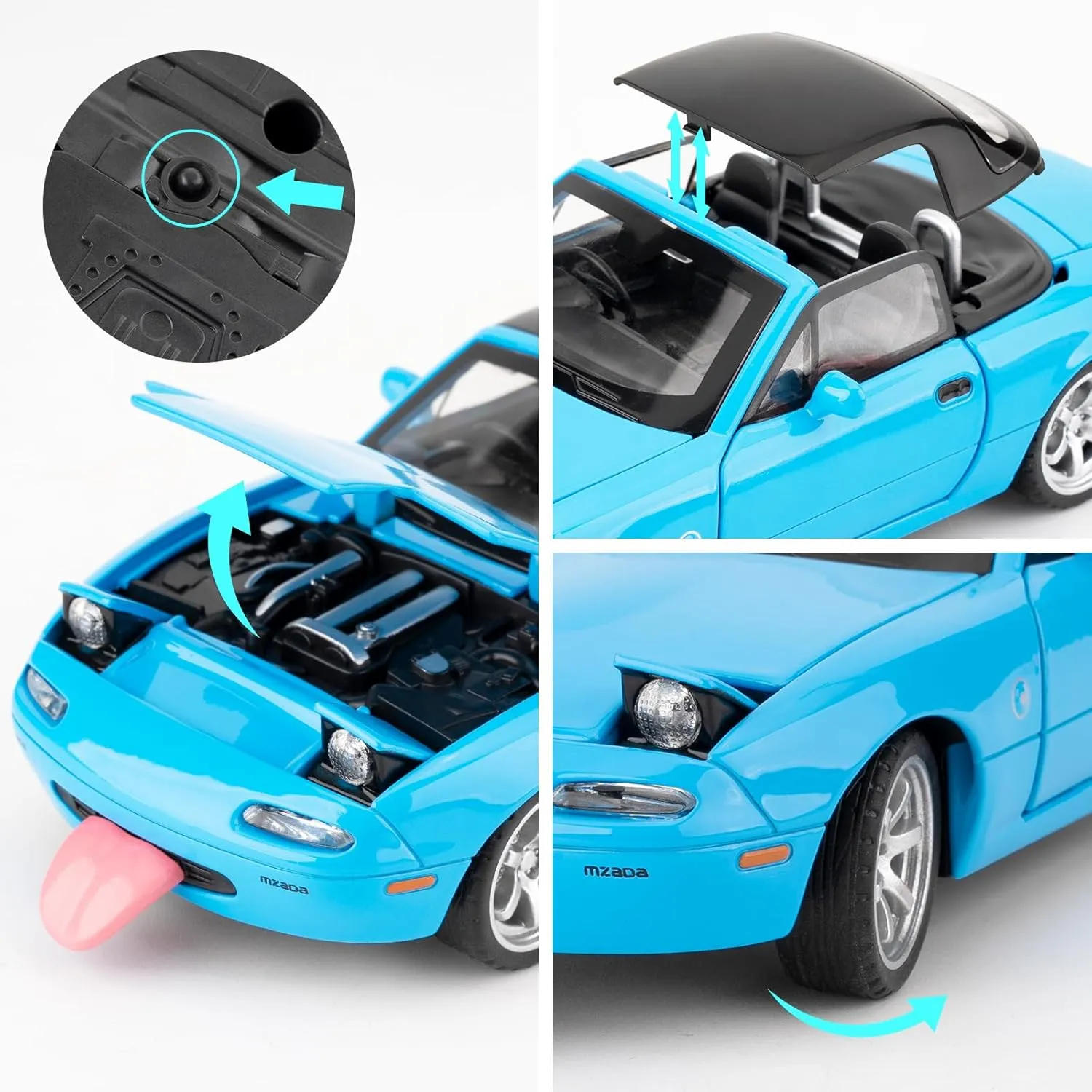 1/32 Mazda Miata MX-5 Alloy Model Car, Toy Car with Pullback, Removable Top, Blinking Lights, Toy Car with Sound and Bright Lights, Collectible Grade Gift for Kids (Blue)