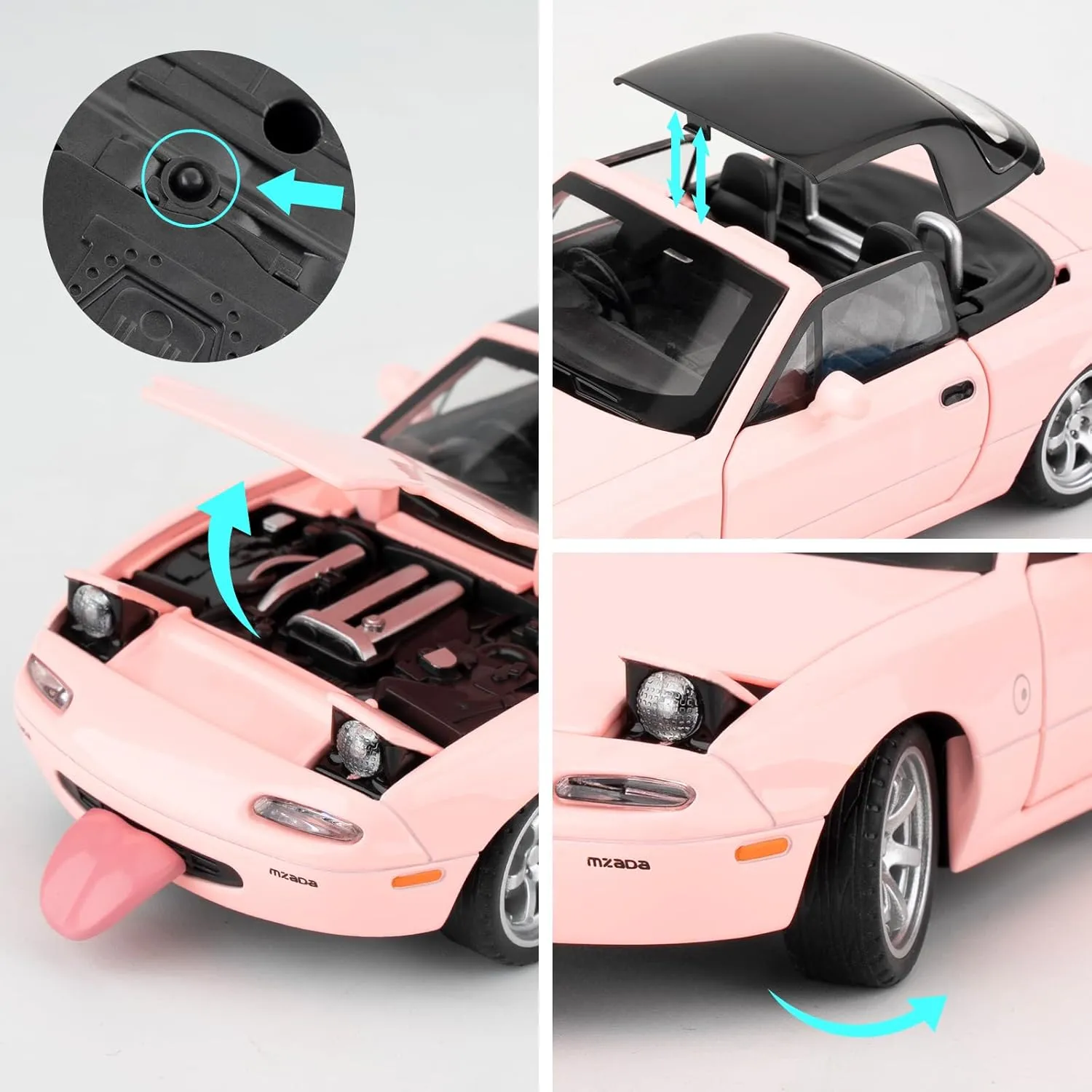 1/32 Mazda Miata MX-5 Alloy Model Car, Toy Car with Pullback, Removable Top, Blinking Lights, Toy Car with Sound and Bright Lights, Collectible Grade Gift for Kids (Pink)