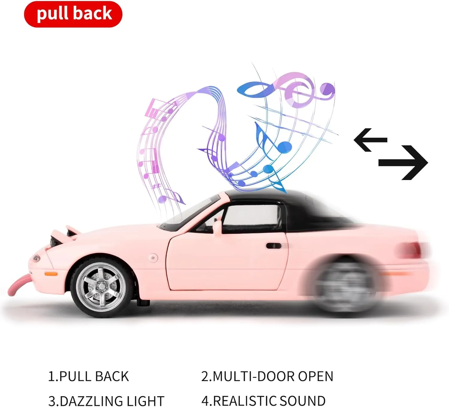 1/32 Mazda Miata MX-5 Alloy Model Car, Toy Car with Pullback, Removable Top, Blinking Lights, Toy Car with Sound and Bright Lights, Collectible Grade Gift for Kids (Pink)
