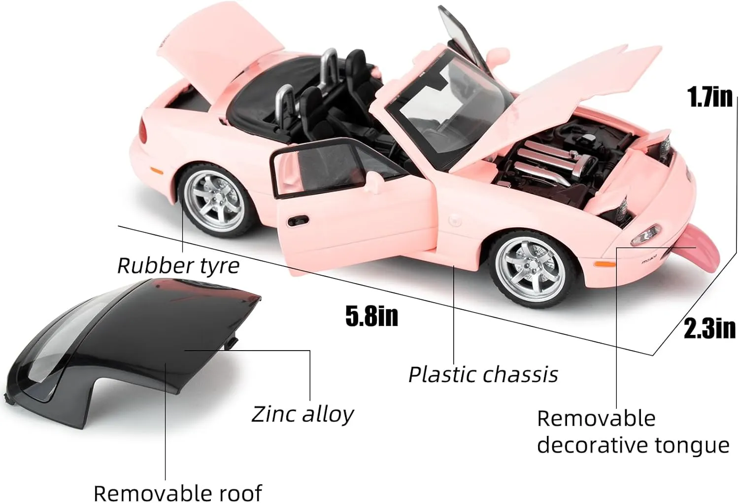 1/32 Mazda Miata MX-5 Alloy Model Car, Toy Car with Pullback, Removable Top, Blinking Lights, Toy Car with Sound and Bright Lights, Collectible Grade Gift for Kids (Pink)