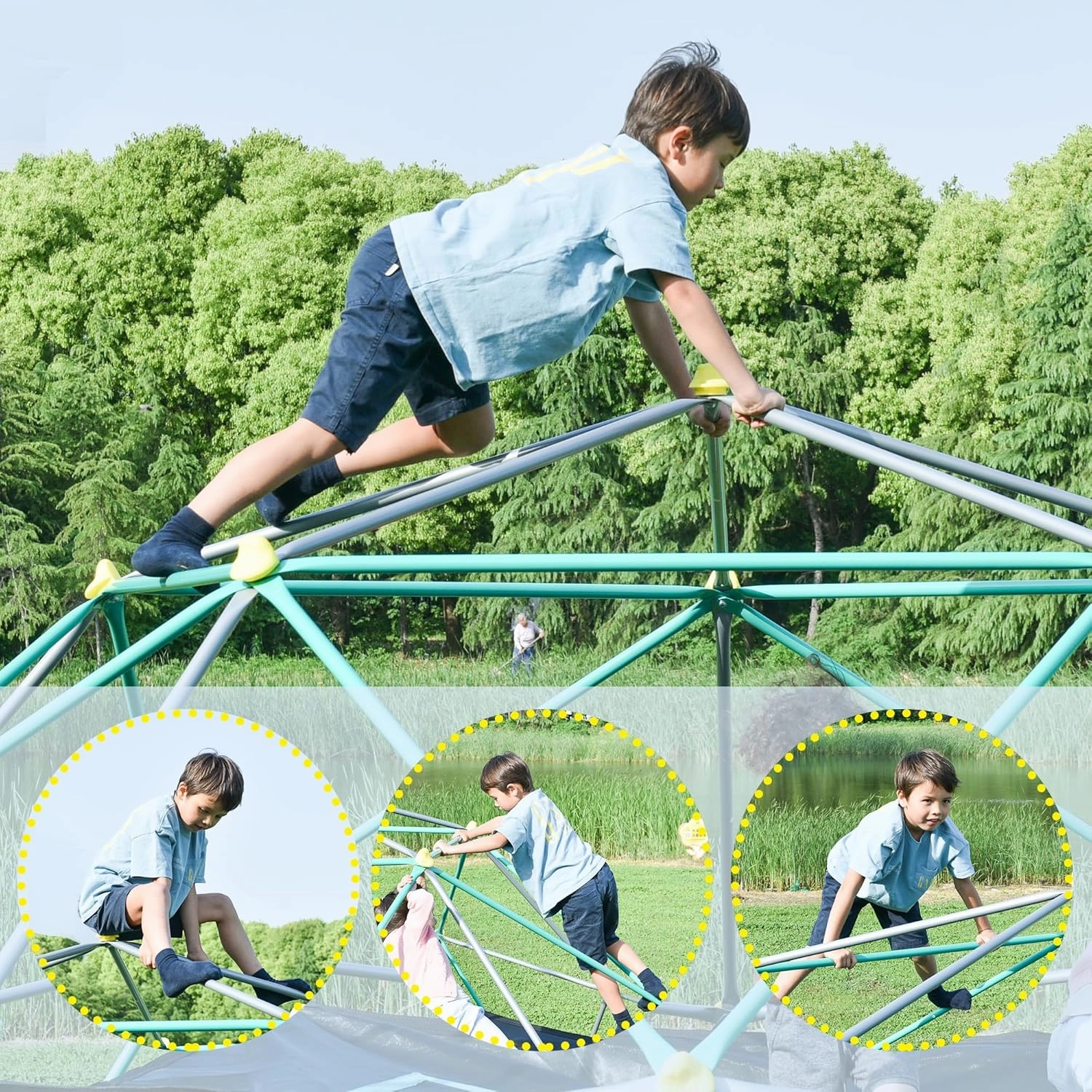 13ft Geometric Dome Climber Play Center, Kids Climbing Dome Tower with Hammock, Rust & UV Resistant Steel Supporting 1000 LBS (Green, 12FT)