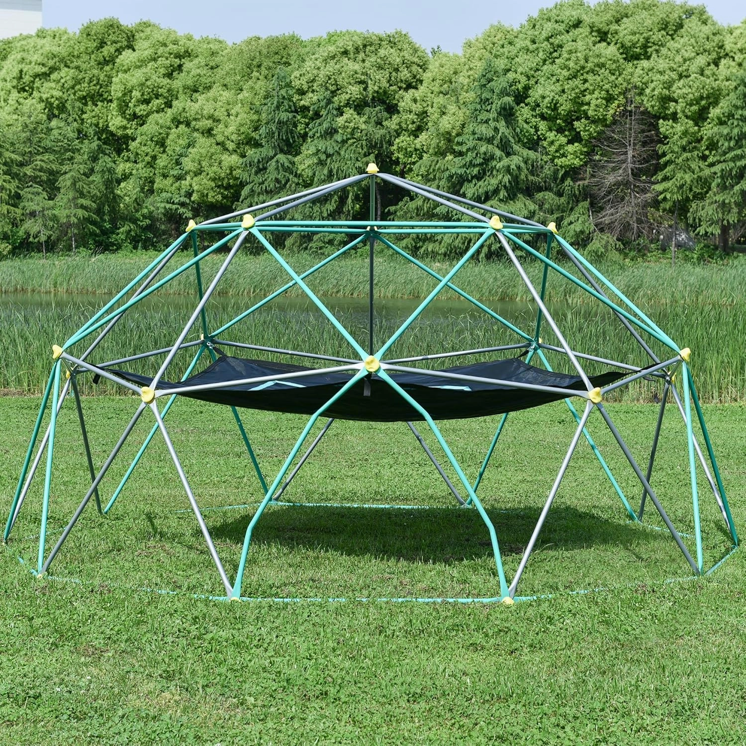 13ft Geometric Dome Climber Play Center, Kids Climbing Dome Tower with Hammock, Rust & UV Resistant Steel Supporting 1000 LBS (Green, 12FT)