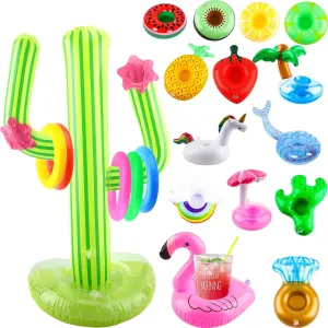 14 Pack Inflatable Drink Holder Floating Cup Holder Pool Drink Holder Floating Coasters and Set of Inflatable Cactus Ring Toss Game for Kids Summer Water Activities Pool Party Supplies