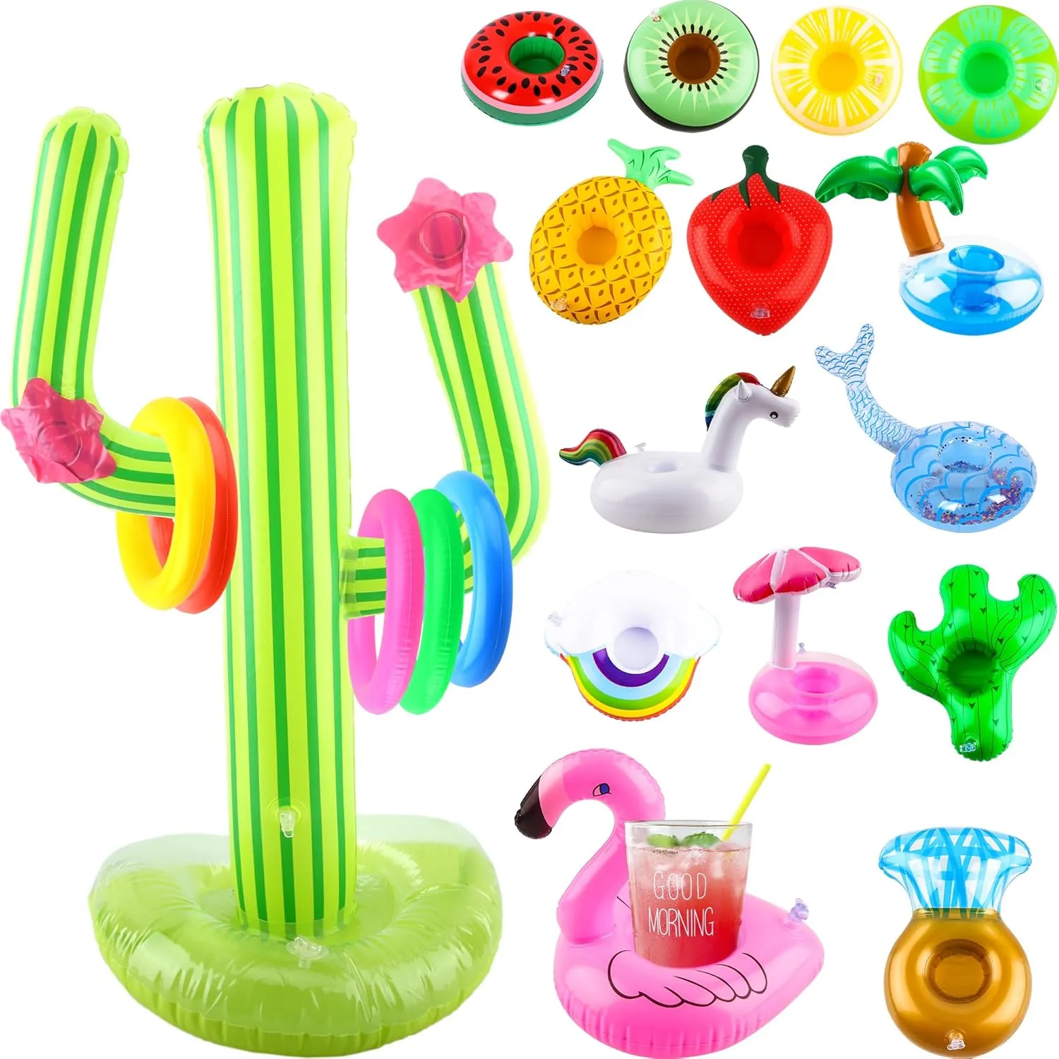 14 Pack Inflatable Drink Holder Floating Cup Holder Pool Drink Holder Floating Coasters and Set of Inflatable Cactus Ring Toss Game for Kids Summer Water Activities Pool Party Supplies