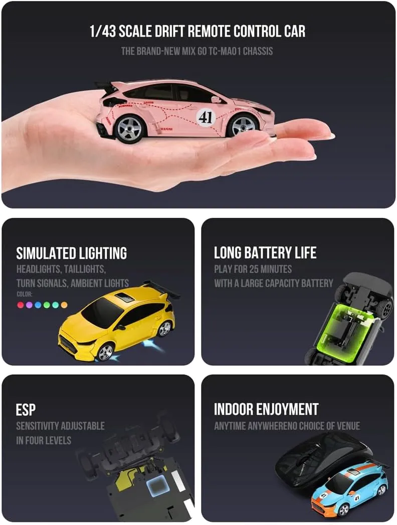 1:43 Scale 2.4GHz High-Speed FPV Camera Mini Remote Control Car, 4WD Supports Dual Modes Between Racing and Drifting, Drifting Racing Car with LED Ambient Lights