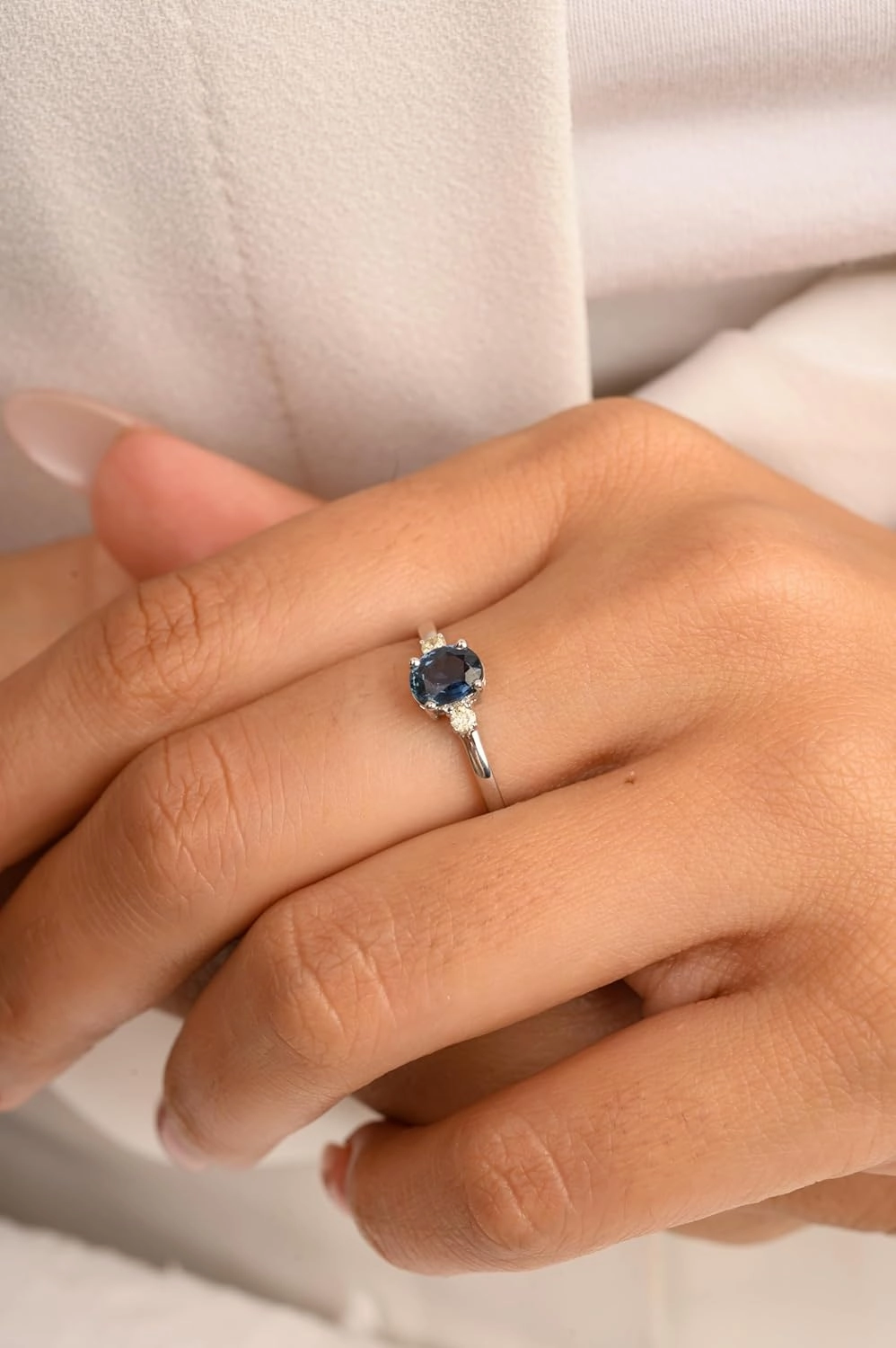 14k Solid White Gold Dainty Blue Sapphire and Diamond Three Stone Ring, Elegant Promise Ring for Women, September Birthstone Jewelry