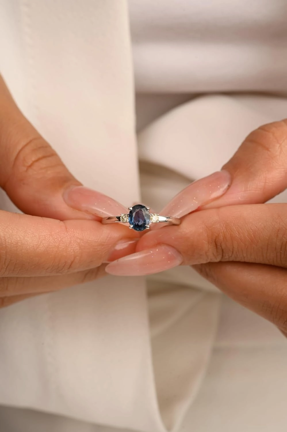 14k Solid White Gold Dainty Blue Sapphire and Diamond Three Stone Ring, Elegant Promise Ring for Women, September Birthstone Jewelry