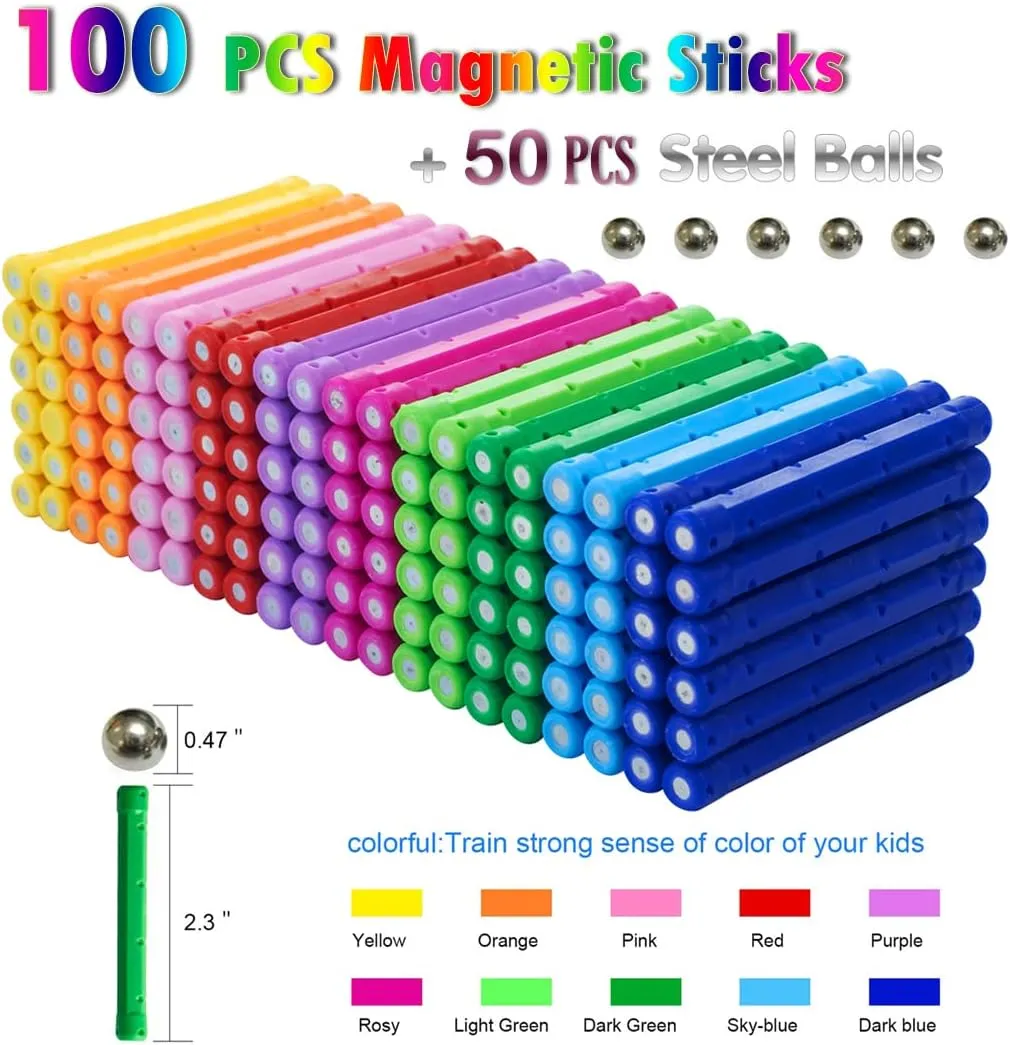 150Pcs Magnetic Building Sticks Blocks Toys, 2.3" Length Magnet Educational Toys Set for Kids and Adult, STEM Building Toy 3D Non-Magnetic Balls with Storage Bag