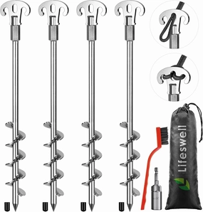 15 Inch Screw in Ground Anchors Kit(Pack of 4) Heavy Duty Tent Stakes, Double-Sided Welded Spiral Windproof Earth Anchors for Trampoline, Shed, Swing Set & Mobile Home