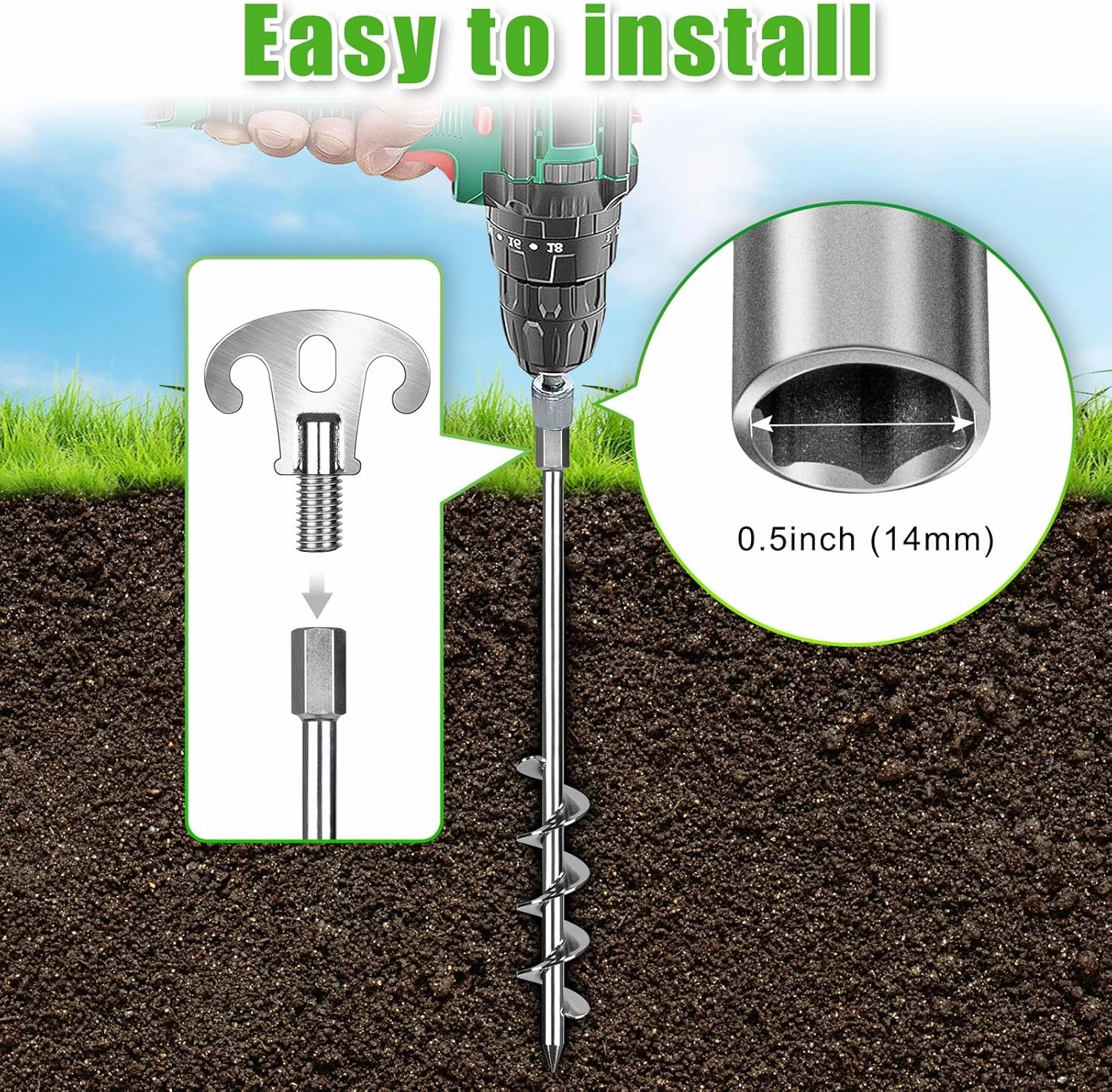 15 Inch Screw in Ground Anchors Kit(Pack of 4) Heavy Duty Tent Stakes, Double-Sided Welded Spiral Windproof Earth Anchors for Trampoline, Shed, Swing Set & Mobile Home