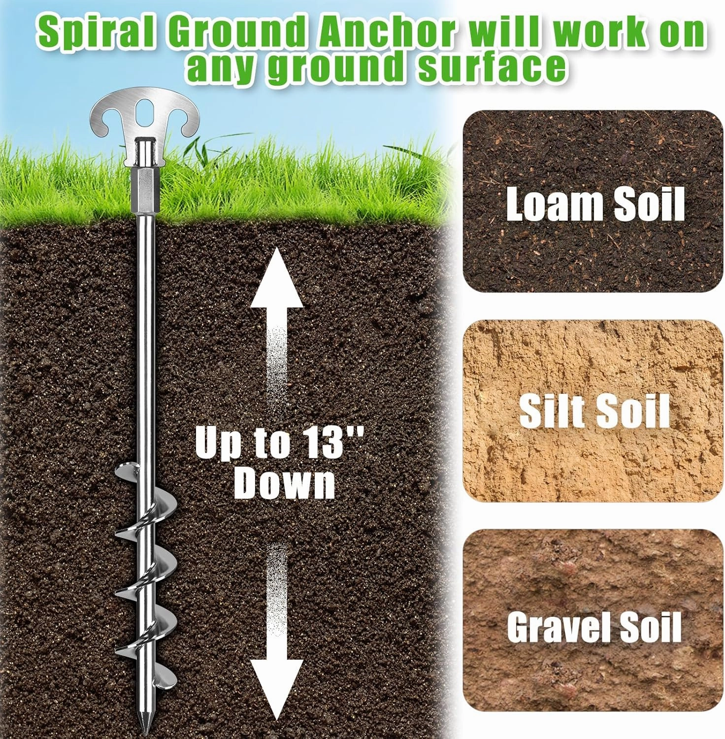 15 Inch Screw in Ground Anchors Kit(Pack of 4) Heavy Duty Tent Stakes, Double-Sided Welded Spiral Windproof Earth Anchors for Trampoline, Shed, Swing Set & Mobile Home