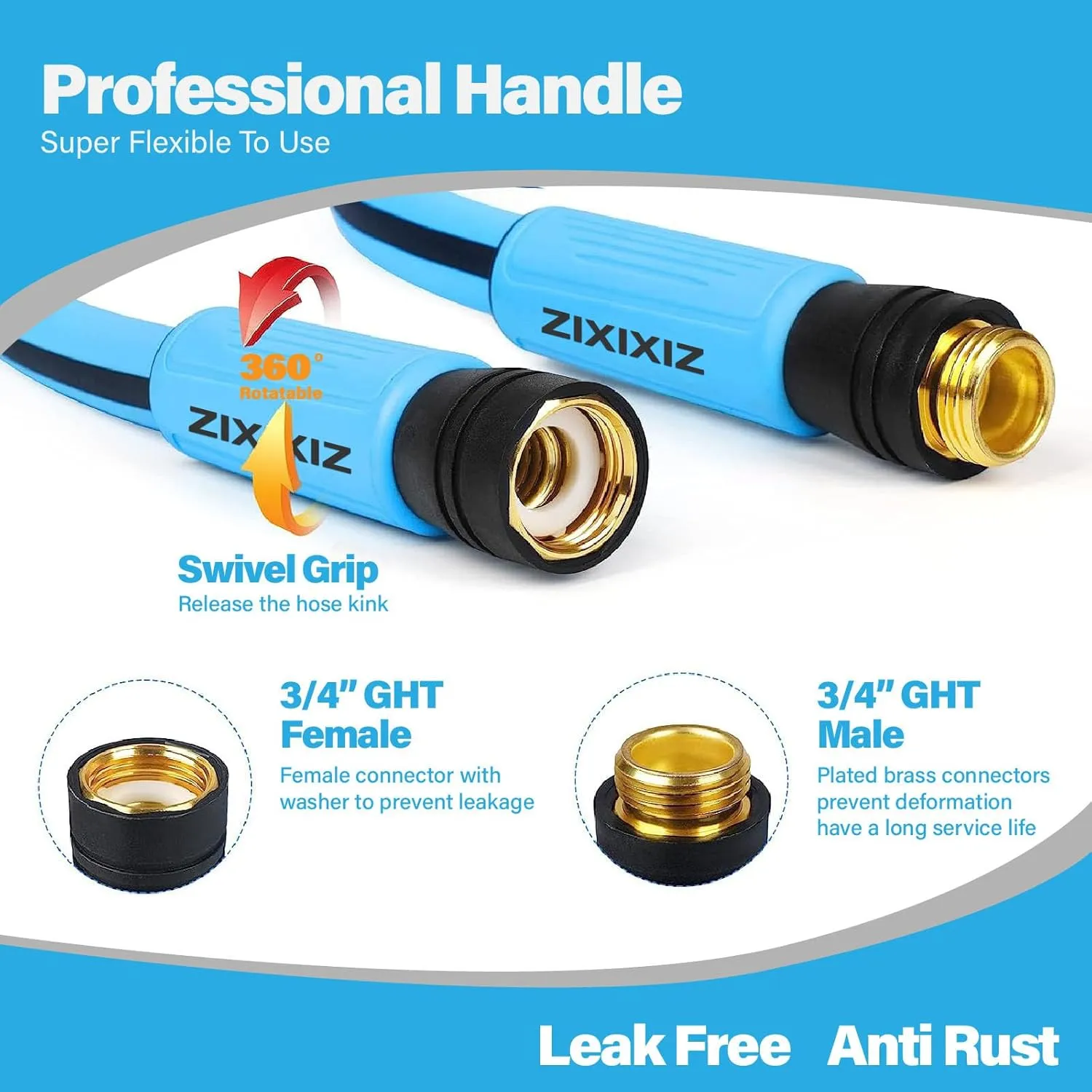 15FT Heavy-Duty Garden Hose with Solid Brass Connectors, 5/8 Inch Flexible Hybrid Rubber, All-Weather Lightweight & Kink-Resistant Water Hose