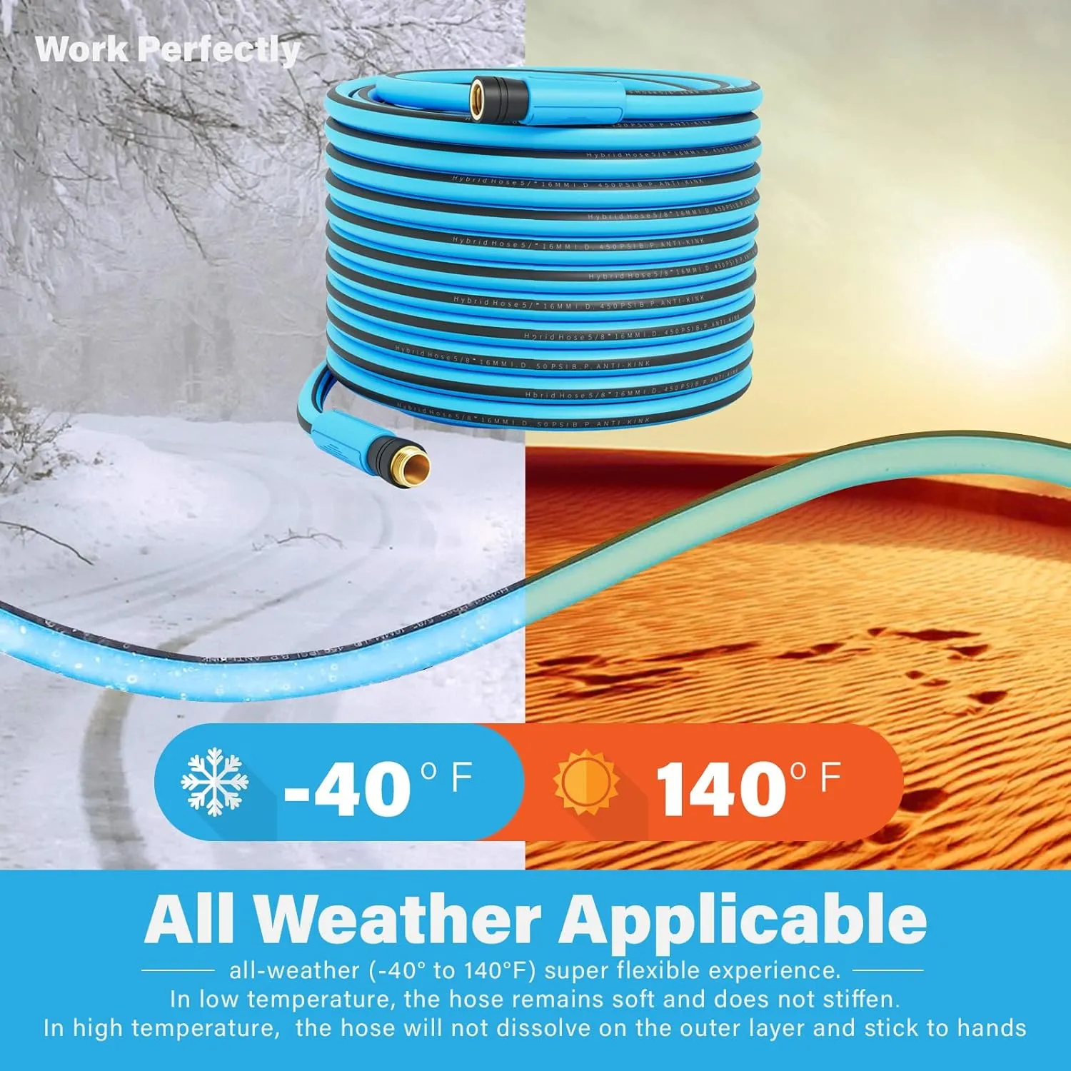 15FT Heavy-Duty Garden Hose with Solid Brass Connectors, 5/8 Inch Flexible Hybrid Rubber, All-Weather Lightweight & Kink-Resistant Water Hose
