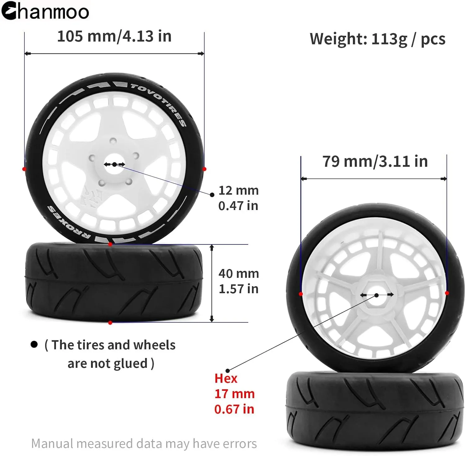 1/8 RC Rally Racing Tires and Hard Plastic Drift Wheels 17mm Hex On Road Tyres Compatible with 1:10 Scale Touring Street Car HSP Hobao HPI WR8 ARRMA Redcat Losi Kyosho VRX Tamiya 4PCS (Green)