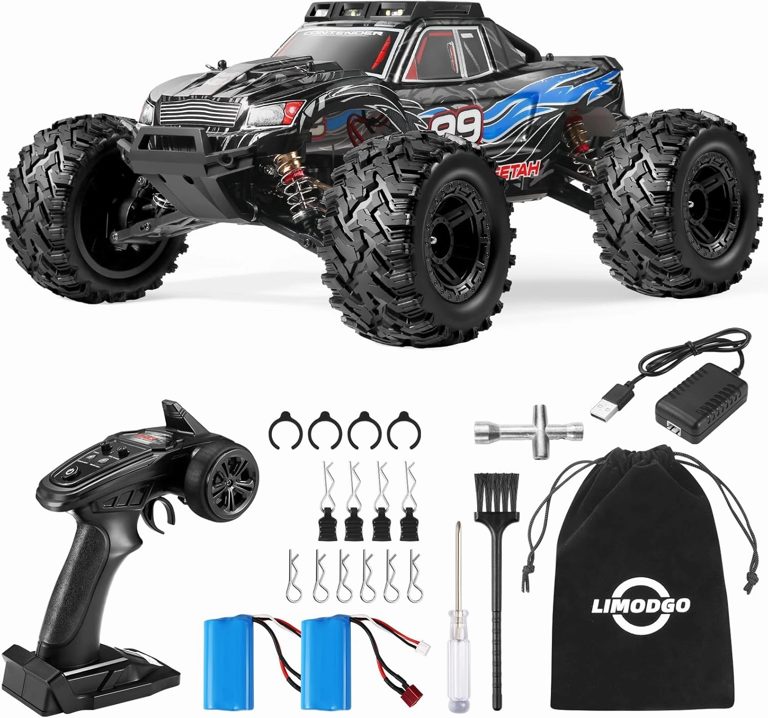 1:10 Large Brush RC Car for Adults, Fast Remote Control Car, 28  MPH Rc Hobby Truck with Headlights, All Terrain 2.4Ghz Electric Hobby Rc Cars, 4WD Off Road Monster Truck for Adults - Blue