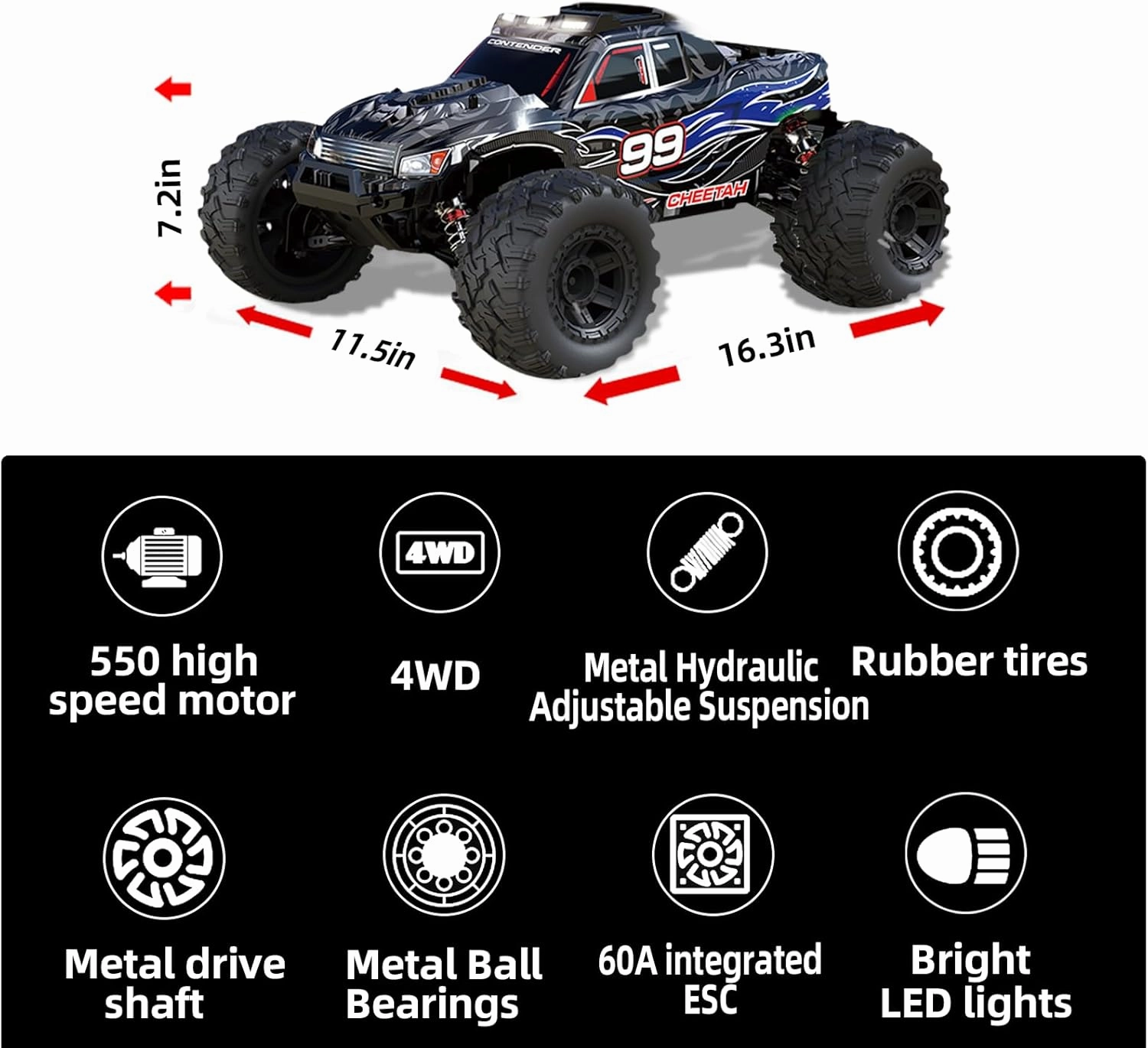 1:10 Large Brush RC Car for Adults, Fast Remote Control Car, 28  MPH Rc Hobby Truck with Headlights, All Terrain 2.4Ghz Electric Hobby Rc Cars, 4WD Off Road Monster Truck for Adults - Blue