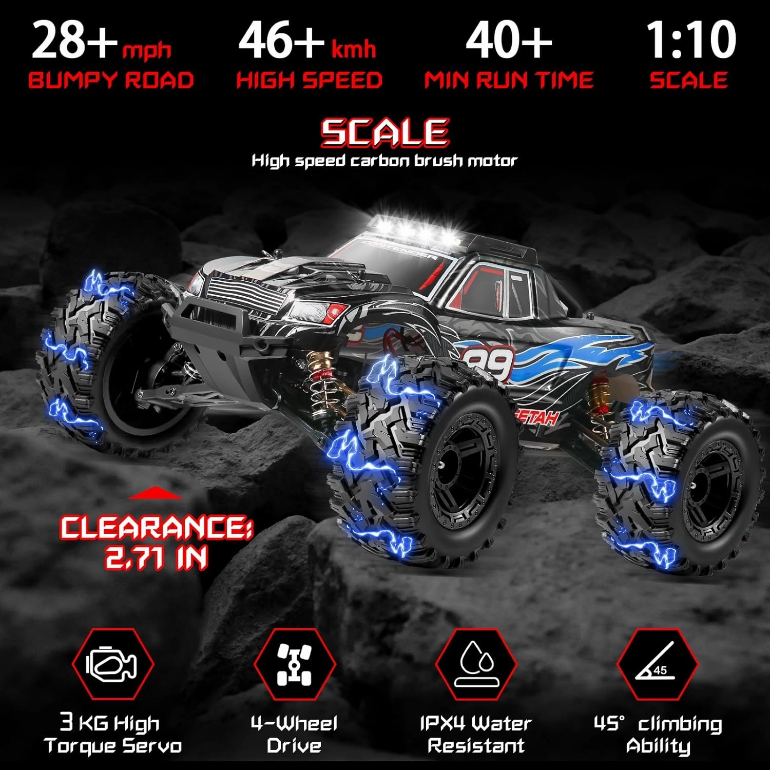 1:10 Large Brush RC Car for Adults, Fast Remote Control Car, 28  MPH Rc Hobby Truck with Headlights, All Terrain 2.4Ghz Electric Hobby Rc Cars, 4WD Off Road Monster Truck for Adults - Blue