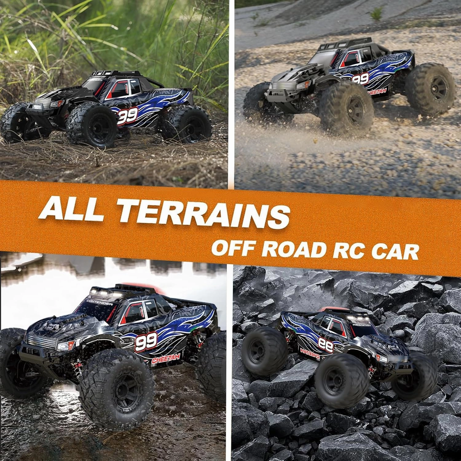 1:10 Large Brush RC Car for Adults, Fast Remote Control Car, 28  MPH Rc Hobby Truck with Headlights, All Terrain 2.4Ghz Electric Hobby Rc Cars, 4WD Off Road Monster Truck for Adults - Blue