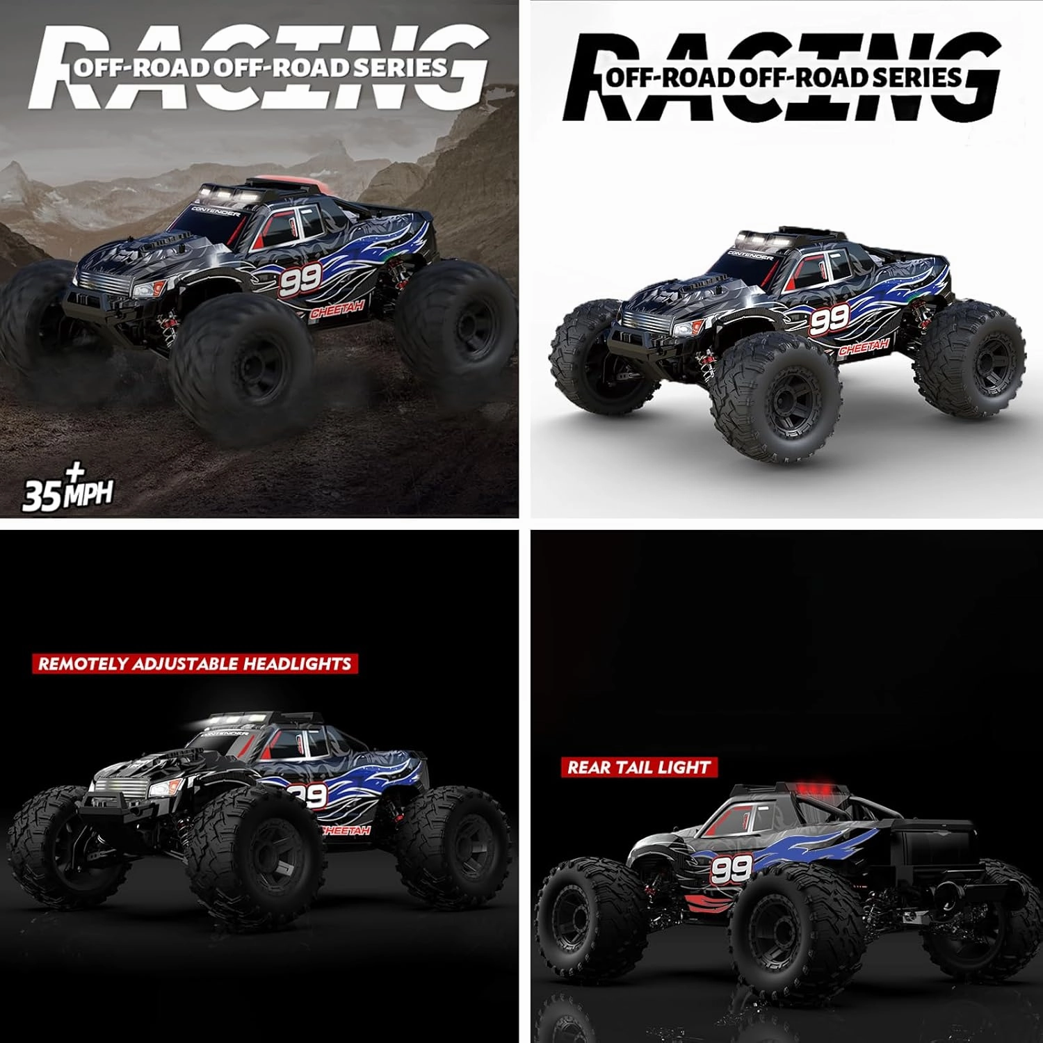 1:10 Large Brush RC Car for Adults, Fast Remote Control Car, 28  MPH Rc Hobby Truck with Headlights, All Terrain 2.4Ghz Electric Hobby Rc Cars, 4WD Off Road Monster Truck for Adults - Blue