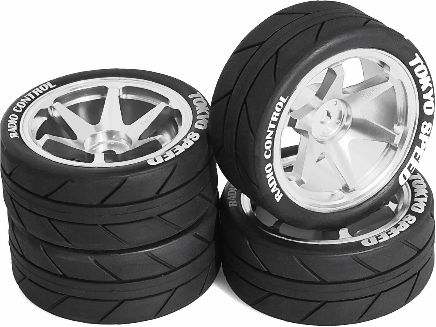 1/10 On Road Tires and Aluminum Wheels 12mm Hex RC Rally Racing Tyres OD 2.56" for Tamiya TT01 TT02 XV01 TA06 A959 PTG2 HPI KYOSHO PTG2 Traxxas 1:10 Street Touring Drift Car 4PCS (Silver)
