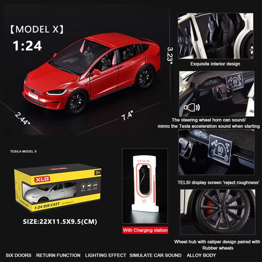 1:24 Scale Model X Alloy Car Model Diecast Toy Vehicles for Kids, car Model X Gull Wing Door，Pull Back Alloy Car with Lights and Music,Gifts for Boys and Girls (red)