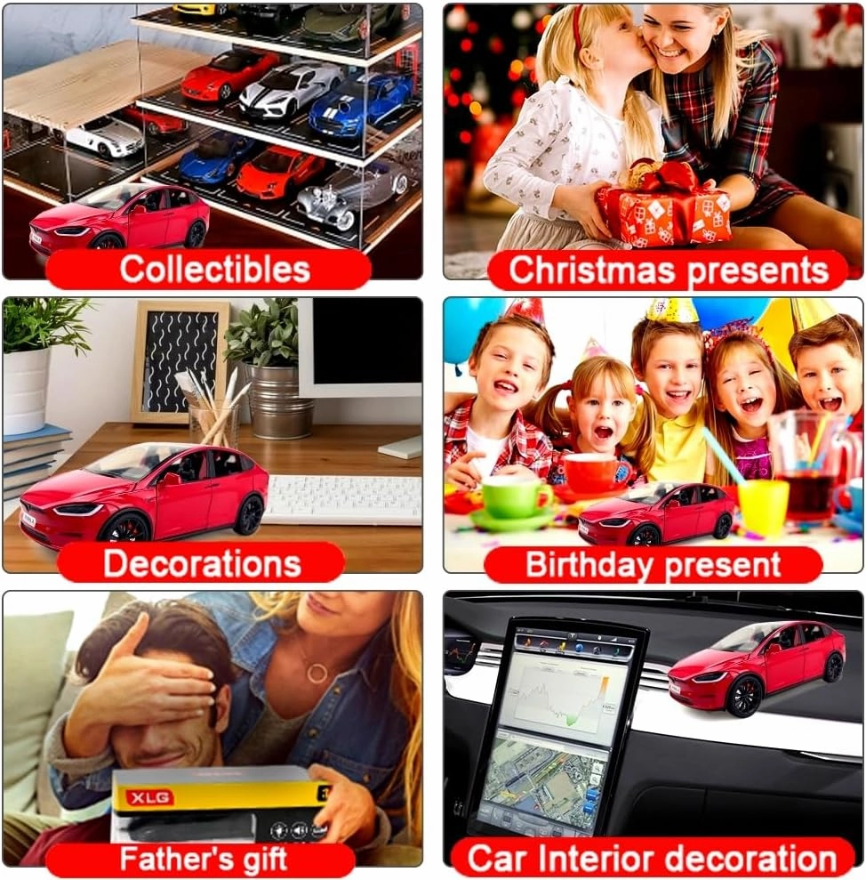 1:24 Scale Model X Alloy Car Model Diecast Toy Vehicles for Kids, car Model X Gull Wing Door，Pull Back Alloy Car with Lights and Music,Gifts for Boys and Girls (red)