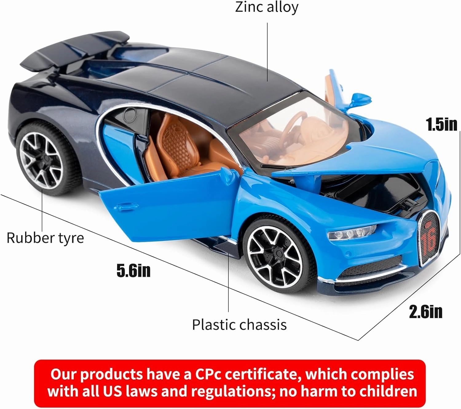 1/32 Scale Alloy Bugatti Chiron Model Car With Pull Back Function, Sound and Bright Lights - Toy for 3-8 Years Old (Blue)
