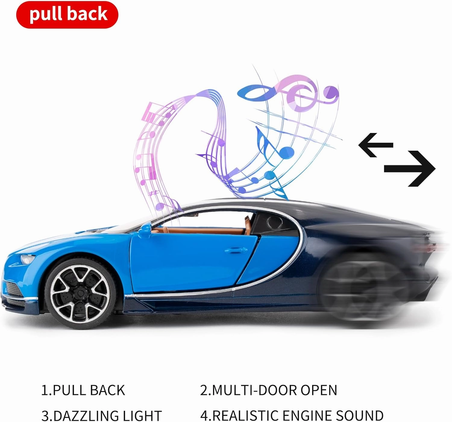 1/32 Scale Alloy Bugatti Chiron Model Car With Pull Back Function, Sound and Bright Lights - Toy for 3-8 Years Old (Blue)