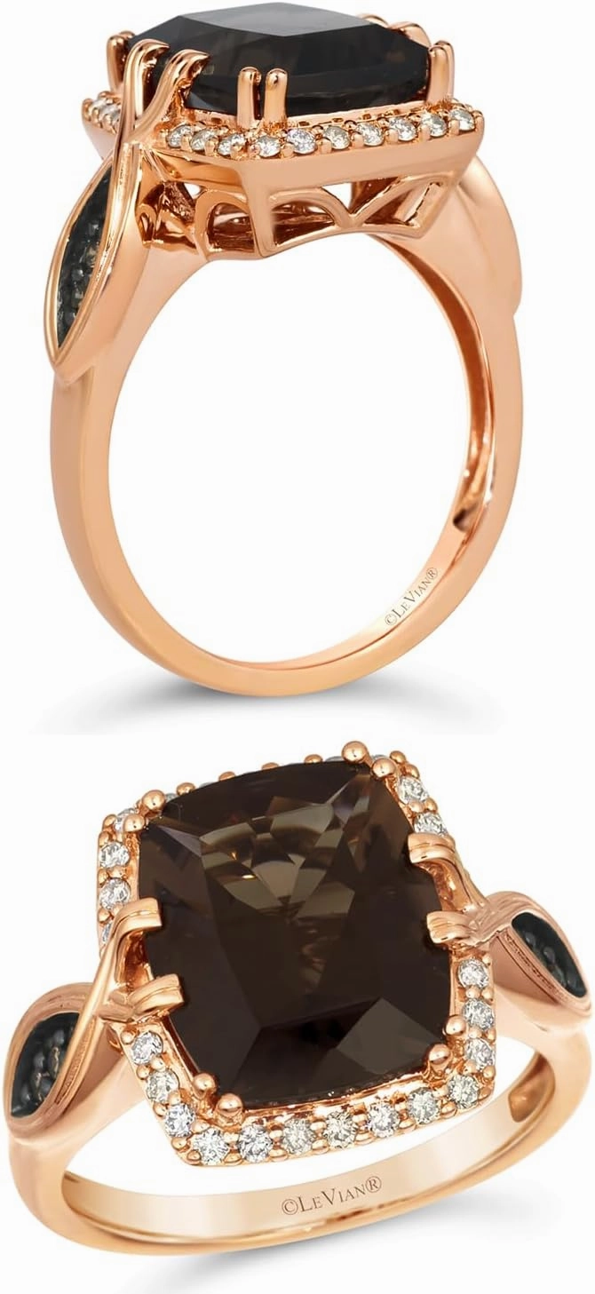 1/4 Carat Diamond with 4 1/3 Carat Cushion Cut Smoky Quartz or Citrine Ring for Women in 14k Rose Gold (White/Brown, 0.27 cttw) Chocolate Diamond Wedding Promise Anniversary Ring Size 7 by LeVian
