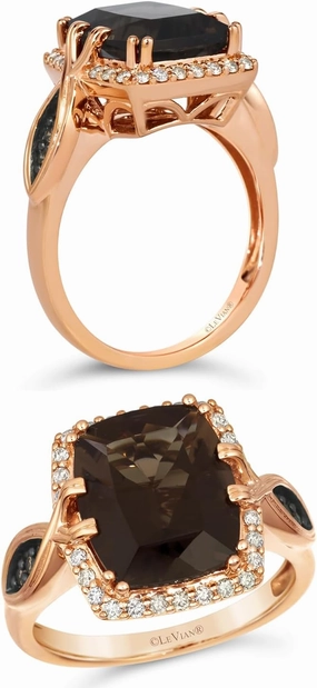 1/4 Carat Diamond with 4 1/3 Carat Cushion Cut Smoky Quartz or Citrine Ring for Women in 14k Rose Gold (White/Brown, 0.27 cttw) Chocolate Diamond Wedding Promise Anniversary Ring Size 7 by LeVian