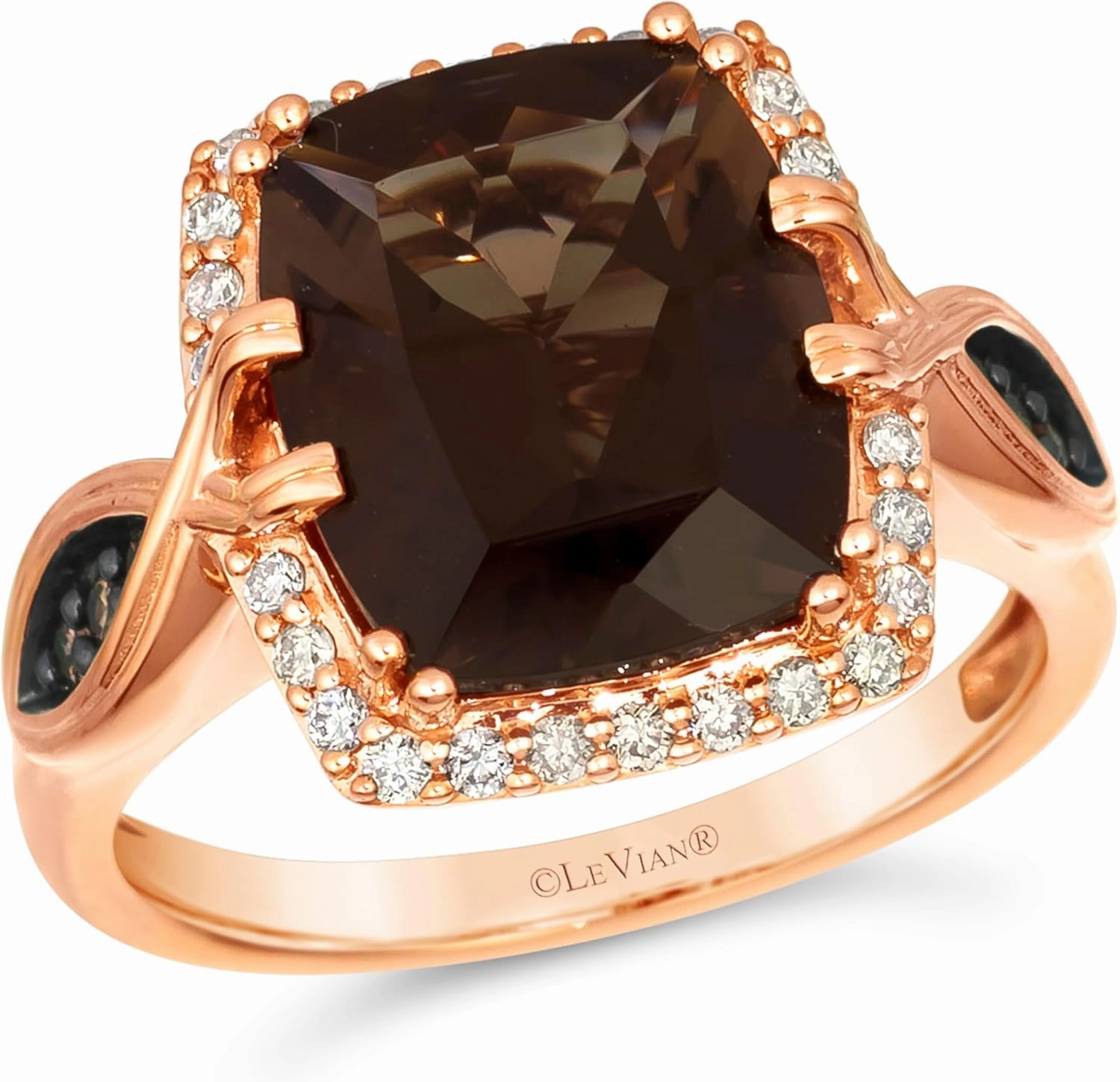 1/4 Carat Diamond with 4 1/3 Carat Cushion Cut Smoky Quartz or Citrine Ring for Women in 14k Rose Gold (White/Brown, 0.27 cttw) Chocolate Diamond Wedding Promise Anniversary Ring Size 7 by LeVian