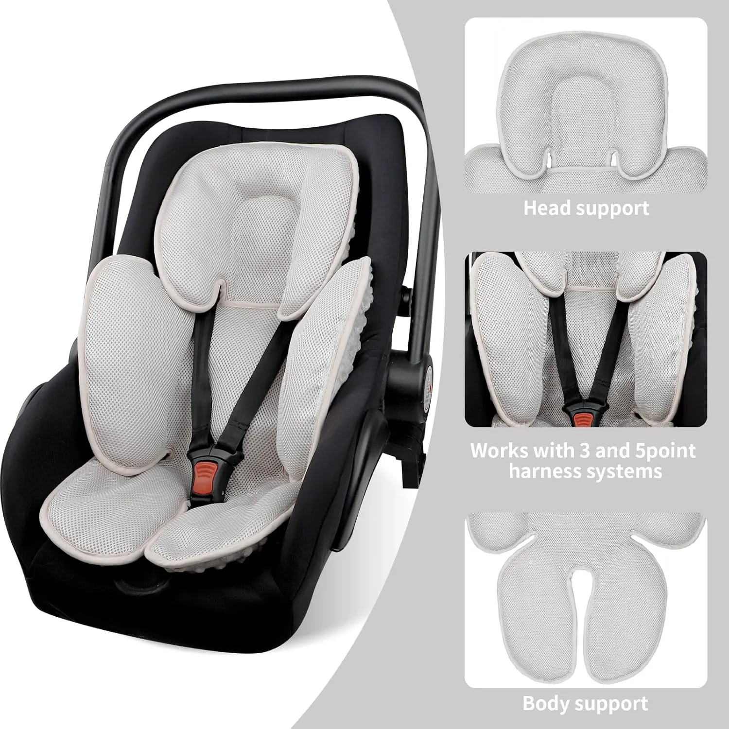 2-in-1 Baby Carseat Head Support, Infant Car Seat Insert for Girls Boys, Soft Baby Neck Support and Body Cushion for Stroller, Baby Swing, Bouncer (Gray)