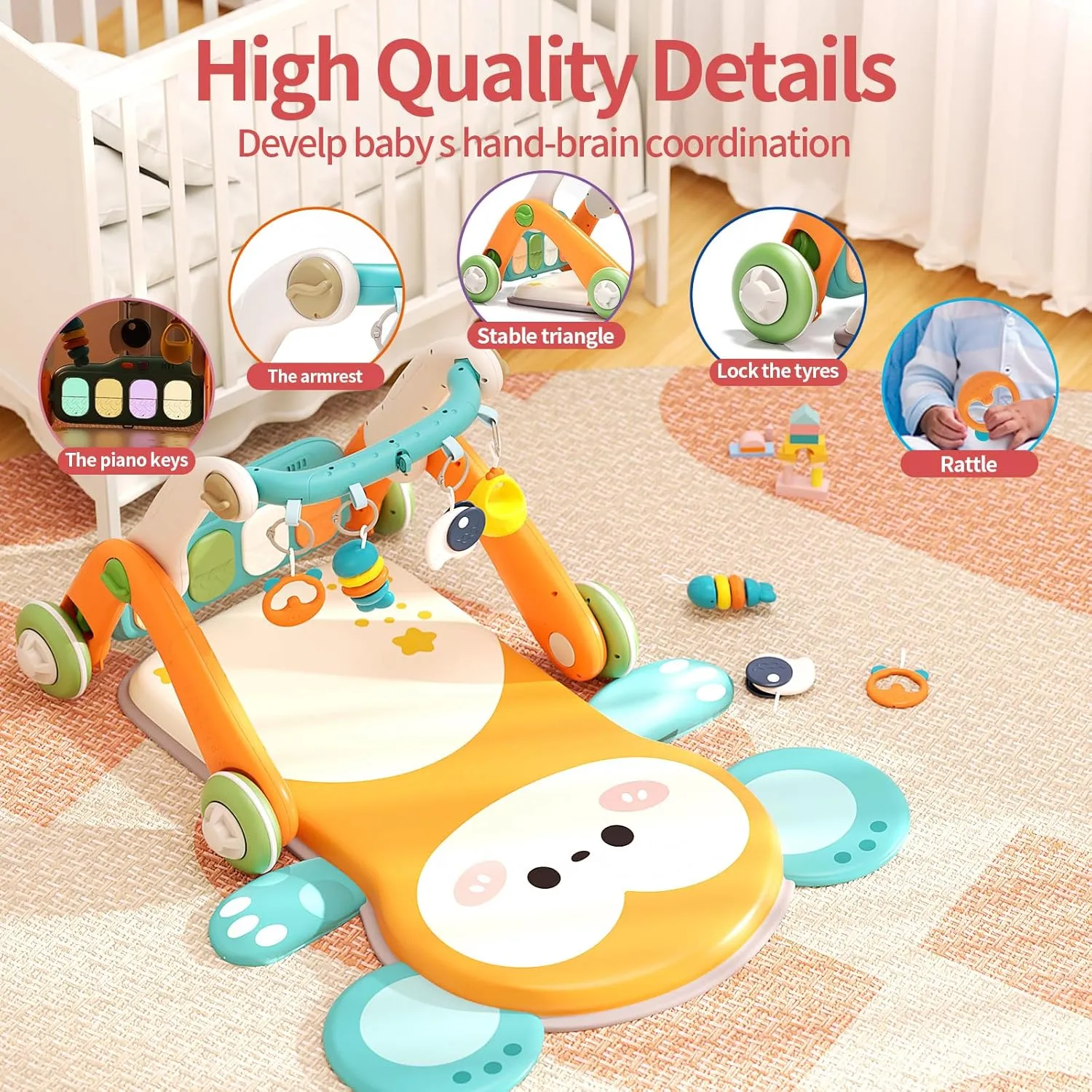 2 in 1 Baby Gym with Walker,Baby Play Mat with 5 Infant Learning Sensory,Double-Sided Multifunctional Removable Play Piano Panel,Sit-to-Stand Learning Walker for 0-24 Months Boy Girl [Orange]