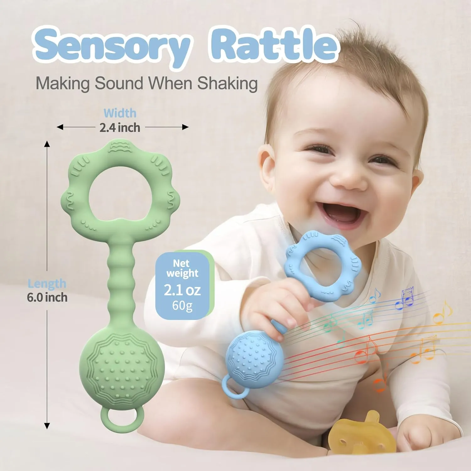 2 Pcs Baby Rattle Teether, 2-in-1 Rattle and Teether Toy for Soothing Sore Gums and Keeps Little Ones Entertained, Food Grade Silicone (Blue Green)