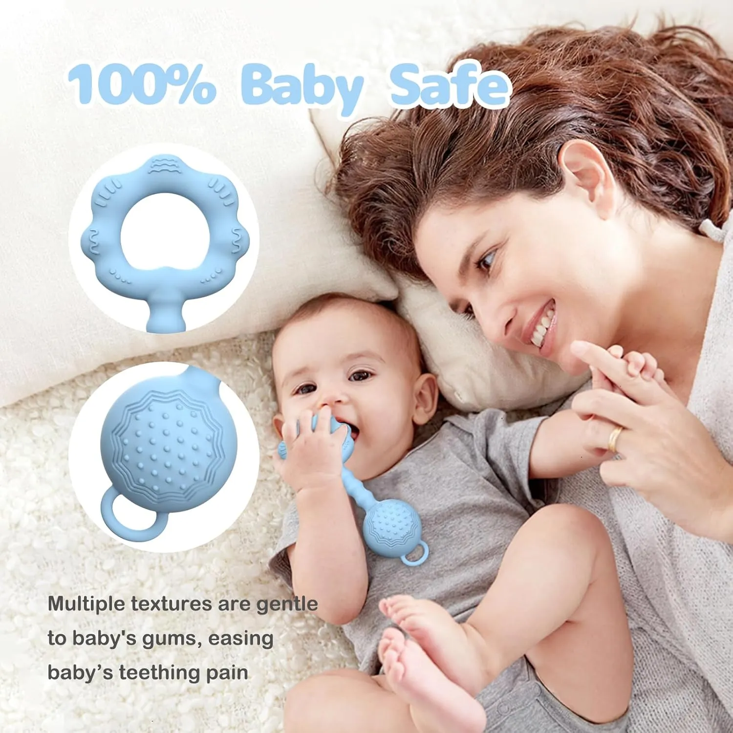 2 Pcs Baby Rattle Teether, 2-in-1 Rattle and Teether Toy for Soothing Sore Gums and Keeps Little Ones Entertained, Food Grade Silicone (Blue Green)