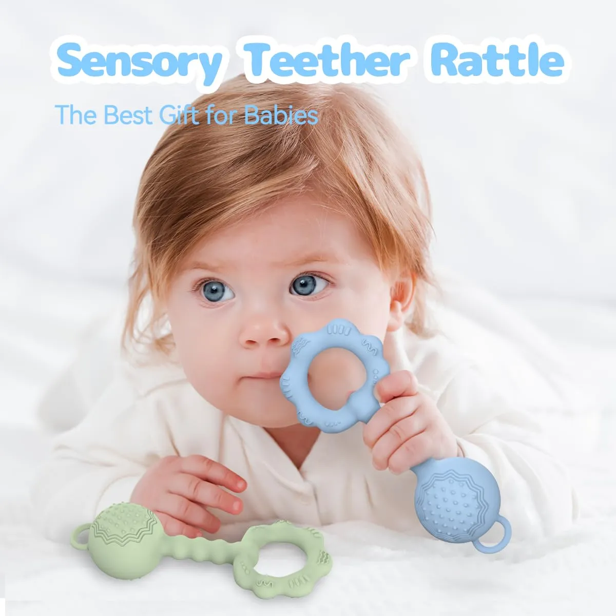 2 Pcs Baby Rattle Teether, 2-in-1 Rattle and Teether Toy for Soothing Sore Gums and Keeps Little Ones Entertained, Food Grade Silicone (Blue Green)