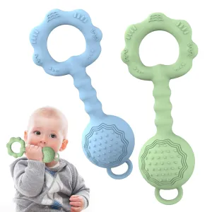 2 Pcs Baby Rattle Teether, 2-in-1 Rattle and Teether Toy for Soothing Sore Gums and Keeps Little Ones Entertained, Food Grade Silicone (Blue Green)