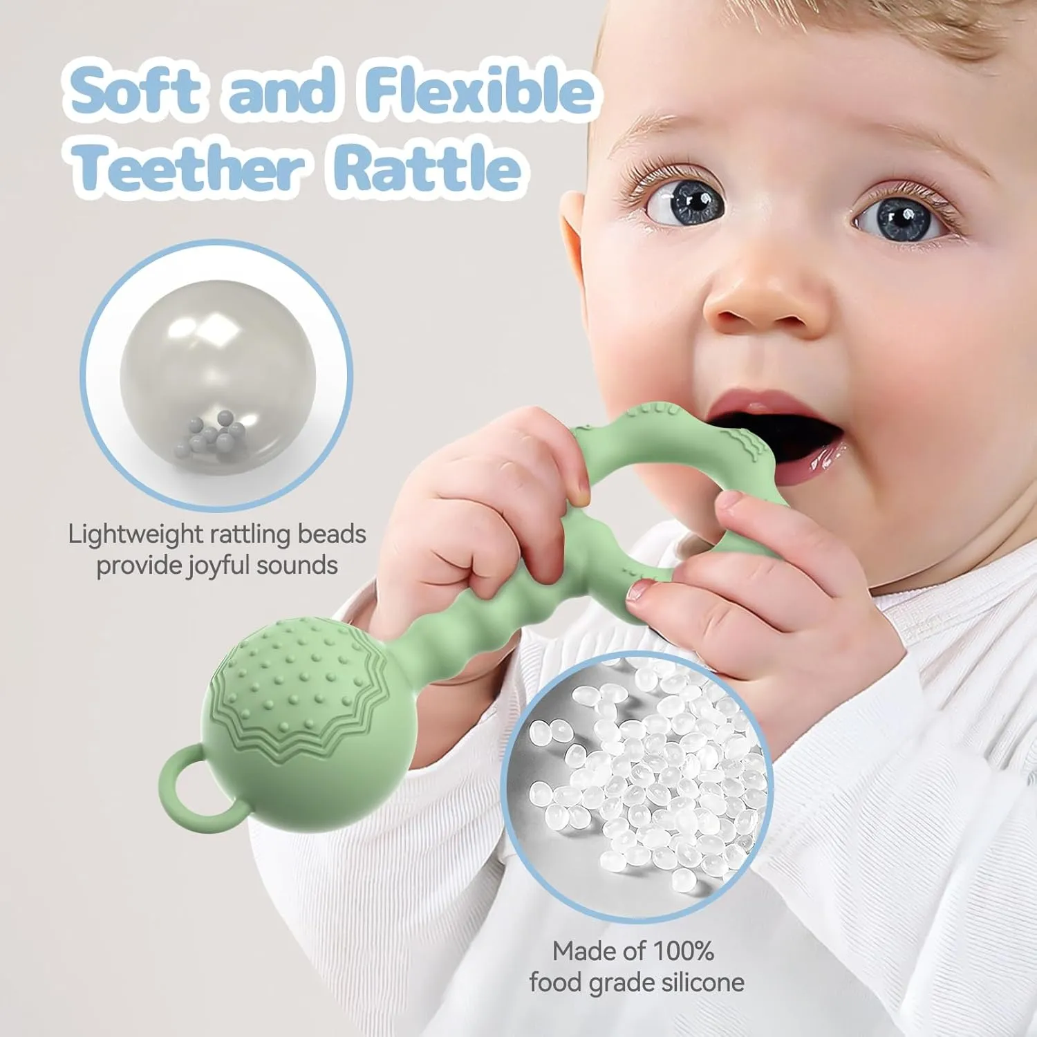 2 Pcs Baby Rattle Teether, 2-in-1 Rattle and Teether Toy for Soothing Sore Gums and Keeps Little Ones Entertained, Food Grade Silicone (Blue Green)