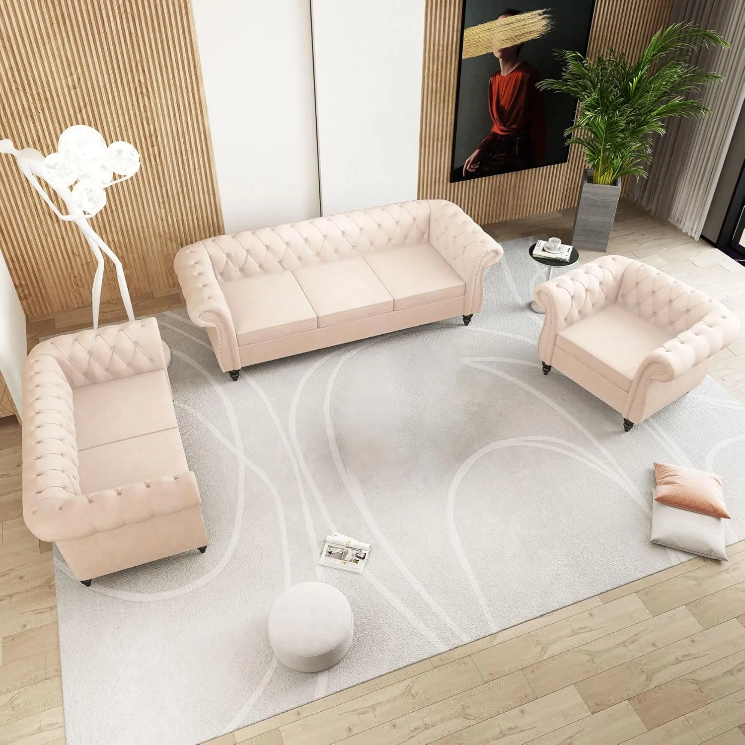 2 Piece Living Room Sofa Set, Chesterfield 3 Seat Sofa Loveseat, Modern Velvet Couch Set with Rolled Arms and Nailhead Upholstered for Living Room, Office and Apartment, Beige